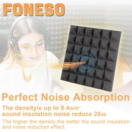 Foneso Acoustic Foam Panels 12'' x 12'' x 2'', Sound Insulation Wall, Black Acoustic Foam Mats for Sound Studio, Podcast Recording, TV Room, Playrooms and Offices