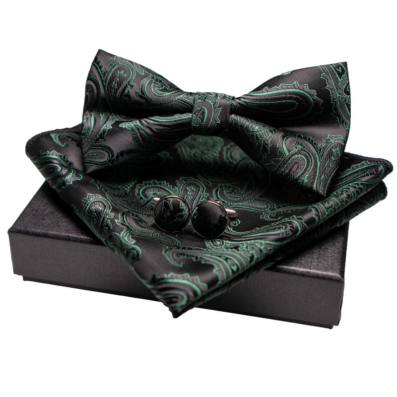 JEMYGINS Men's Paisley Pattern Bow Tie, Cuffs, Buttons, Handkerchief Set,