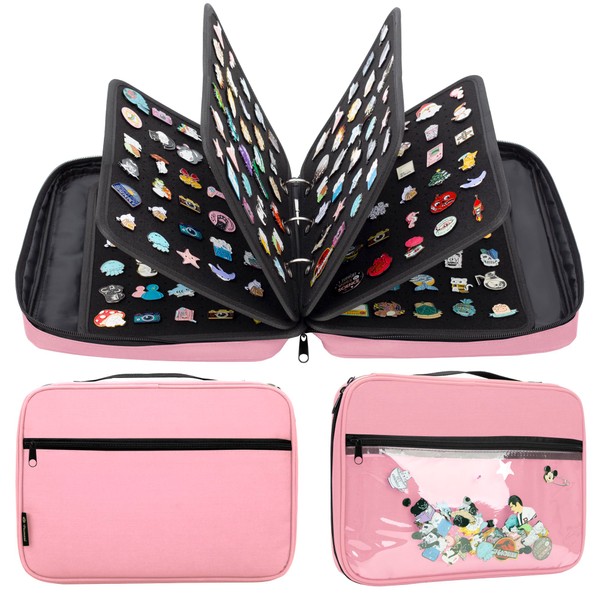 PACMAXI Enamel Pin Display Pages Pin Carrying Case, Pins Collection Storage Organizer Case, Travel Brooch Pin Display Bag (Pins Not Included) (Pink With 6 Page)