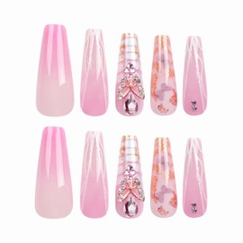 BABALAL Coffin Press on Nails Long Fake Nails Pink Glue on Nails Rhinestone Shiny Glitter Acrylic Nails 24Pcs Ballerina False Nails for Women and Girls