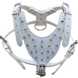 haoyueer Leather Spiked Studded Medium & Large Dog Collars, Harnesses & Chain Leashes 3Pcs Matching Set for Pit Bull,Mastiff, Boxer, Bull Terrier (M, White)