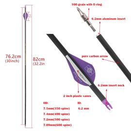 HNZMDY 30" Pure Carbon Arrows Archery Practice Hunting Arrows Spine 300 350 400 500 600 Targeting Arrows with Removable Tips for Compound & Recurve & Long Bow 6/12 Pcs