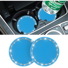 Car Cup Holder Coaster, 2 PCS Universal Bling Crystal Rhinestone Car Accessories 2.75 inch Auto Anti Slip Cup Holder Insert Mat Pad Set,Suitable for Most Car, Trucks, Vehicles Interior (Blue/White)