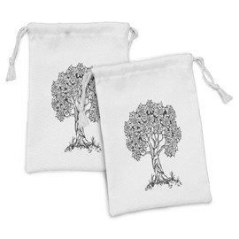 Lunarable Nature Fabric Pouch Set of 2, Tree of Life Theme with Leaves Branches Mother Earth Roots Growth Essence Artwork, Small Drawstring Bag for Toiletries Masks and Favors, 9" x 6", Black White