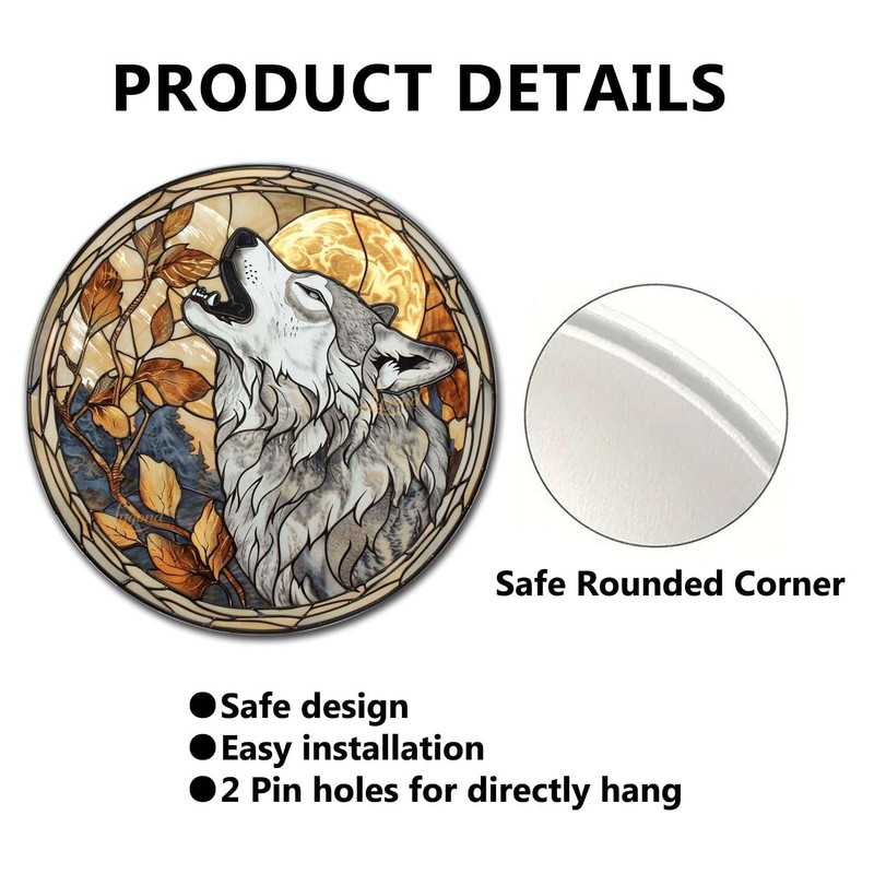 Lygond Metal Sign Tin Sign Circular Stained Glass Gray Wolf
