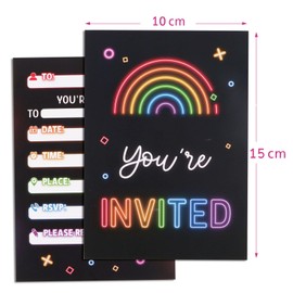 GEBETTER 20 pcs Party Invitations Neon Rainbow Invitation Rectangular Invites Neon Party Favors Party Invites for Kids Birthday Party Game Party Festival Party Invitations
