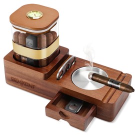 SEMKONT Cigar Humidor and Ashtray Set,Wooden Tray with Acrylic Humidor Jar,Cutter Holder,Drawer,Slot and Cigar Cutter Accessories,Home Gift Sets for Men (Brown-Square)