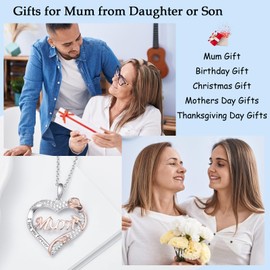 Mothers Day Gifts for Mum from Daughter or Son - Mum Jewellery Necklace, 925 Sterling Silver Heart Cubic Zirconia Mum Pendant Necklace for Women Mum Mummy Mother Present Gift for Christmas Birthday