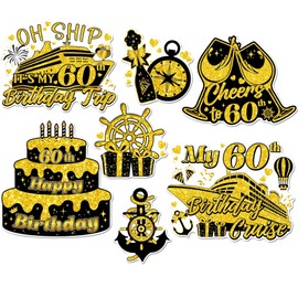 Cruise Door Magnets Decorations, 7PCS 60th Birthday Gold & Black Cruise Magnets, Cruising Essentials Reusable Magnetic Ship Cabin Door Signs Fridge Decor