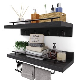 Pine Floating Shelves with Hooks, Black Farmhouse Bathroom Floating Shelves Over Toilet, Set Of 2 Wood Wall Shelves with Removable Towel Bar, Hanging Shelves For Kitchen Living Room Bedroom, 16'' Long