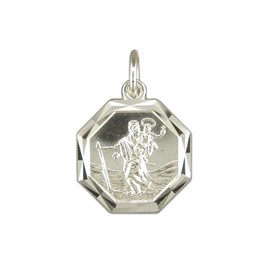 Sterling Silver Diamond Cut Octagonal St Christopher Pendant On A 24 Inch Snake Necklace