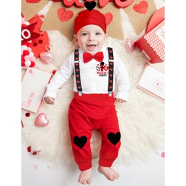 DONWEN My First Valentines Day Baby Boy Outfit 6-9 Month Infant Valentines Day Outfit Boy Long Sleeve Bowtie Romper+Pants 1st Valentines Day Baby Boy Outfit