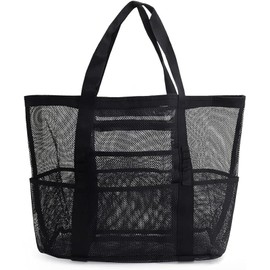 SoHo, Mesh Beach Bag - Toy Tote Bag - Large Lightweight Market, Grocery & Picnic Tote with Oversized Pockets (Black/White)