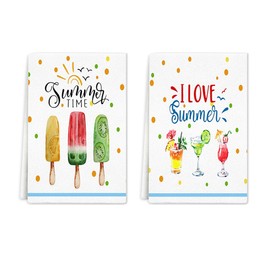 Summer Love Kitchen Towels Dish Towels Set of 2, Ice Cream Cone Hand Towels 16x24 Inch Drying Dishcloth,Farmhouse Home Seasonal Holiday Summer Decoration