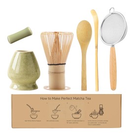 Matcha Whisk Set, 6-Piece Matcha Making Kit, Macha Tea Set, (Chasen Holder), Ceramic Whisk Holder, Matcha Starter Sifter, Bamboo Scoop, Spoon Japanese Tea Tools For Ceremony Gift (Mottled Green)