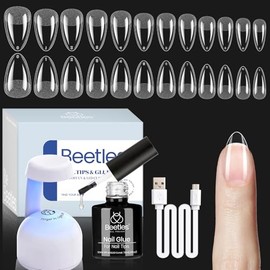 Beetles Kit Uñas Gel Almendra 504 Pzs, Extensión Etch X Fácil, Tips Mate Cortos/Medianos, Pegamento 5 en 1 con Lámpara UV LED, Set Profesional DIY