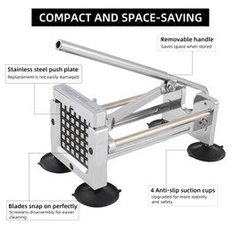 French Fry Cutter,Potato Slicer,Stainless Steel Cutter Potato,1/2-inch, 3/8-inch Blades,Removable Handle and 4 Suction Feet For Potatoes, Carrots, Cucumbers, Onions