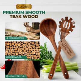 Wooden Spoons for Cooking, 2PCS Natural Teak Wooden Utensils, NonStick Kitchen Utensils Set for Stirring,Serving Spaghetti, Soup, Sauce (Ladle & Pasta Fork)