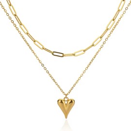 Designer Puffed Heart Multistrand Necklace Paperclip Chain w/ 14K Gold Plated Hypoallergenic, Water-Resistant, Tarnish-Free - Versatile Design Jewelry for Women, Adjustable, Metal, Cubic Zirconia