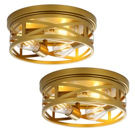 Jodauirt Gold Flush Mount Ceiling Light Fixture,3-Lights Hallway Ceiling Lighting, Farmhouse Ceiling Mount Lights for Kitchen Entryway Bathroom-2 Pack