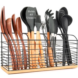 PrimZooty Extra Large Utensil Holder for Kitchen Counter - 15.7"x 6.7"x 4.4", Aesthetic Design, Anti-Slip Mat, 4 Compartments, Black Cooking Utensil Organizer for Countertop, Spatula Utensil Caddy