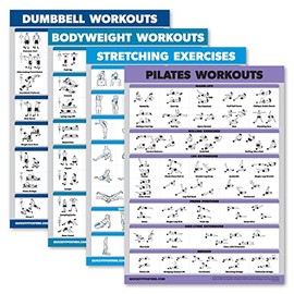 Palace Learning 4 Pack - Dumbbell Workouts + Bodyweight Workouts + Stretching Exercises + Pilates - Set of 4 Workout Charts (18” x 24”, LAMINATED)