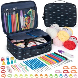 GMAK Crochet Kit for Beginners Adults Kids, 59 PCS Crocheting Sets Include Yarn, Hooks and Tools, Portable Crochet Starter Kit for Making Variety Projects Crocheting Supplies, Navy Plume