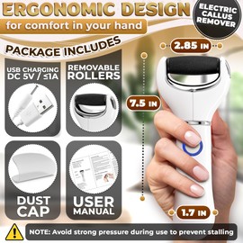 Rechargeable Electric Foot Callus Remover Tool – 3-Speed Foot Sander (1800/2200/2800 RPM), Electric Callus Remover for Feet, Pedicure Tools for Feet – 2000mAh, 120 Min Runtime, 2 Replacement Rollers