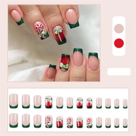 24Pcs Square False Nails Short - Press on Nails - Green Edge and Bowknot Red Gift Fake Nails French Tip Glossy - Acrylic French Stick on Nails with Glue Suitable for Christmas Party
