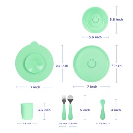 Ubbi Toddler Feeding Set, 7-Piece, Plate, Bowl, Cup + Baby & Toddler Stainless Steel Utensils, Interchangeable Suction Base, BPA-Free Dishwasher Safe, Self-Feeding for Baby-Led Weaning, Green