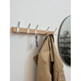 Generic Moderm Wall-Mounted Coat Hook Rail with 5 Double Hooks, 15-Inch Aluminum and Metal for Coats, Hats, Towels, and Robes (White). Natural Wood (Lacquer Coating); Hook: Aluminum (x 5)