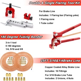 3/16 Inch+1/4 Inch Brake Line Flaring Tools kit Include Copper-Plated Brake Lines with Upgrade 44Pcs Fitting Brake line Bender Single Flare Tool,Cutter 3/16Inch Brake line kit