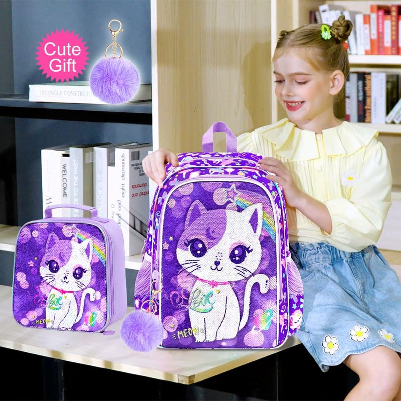 UFNDC 3PCS Backpack for Girls, 16" Kids Cat Sequins Bookbag