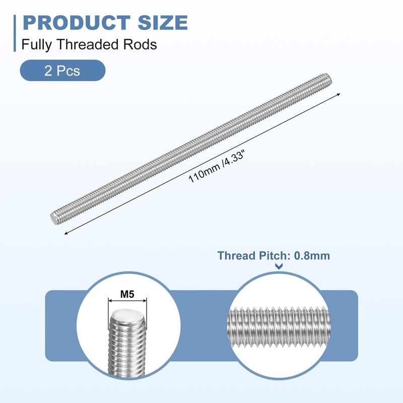 sourcing map 2Pcs M5-0.8x110mm Fully Threaded Rods, Threaded Rods Bar
