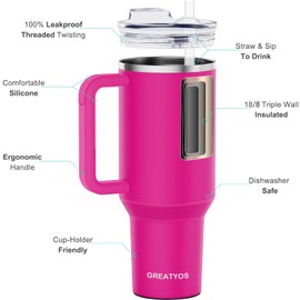 Greatyos 40 oz Tumbler with Handle and Straw Lid Insulated Tumblers Cups with Lids Straws Double Wall Vacuum Leak Proof Stainless Steel 40oz Tumbler Travel Mug Gifts for Men Women Him Her (Camelia)