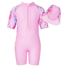 WYTbaby Girls Swimwear One-Piece Long Sleeve Anti-UV Swimwear Mermaid Fabric Print Kids Swimwear Boxer Shorts for Girls 4-9 Years, Pink short-sleeved, 5-6 years