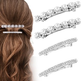HINZIC 4Pcs Pearl Rhinestone Hair Barrettes Sparkly Crystal Hair Clip French Design Bridal Fashion Bling Rhinestone Hair Clips Ponytail Holder Clip Diamond Headdress for Women Girls