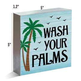 Wash Your Palms Wood Block Sign Summer Beach Bathroom Decorative Desk Sign Coastal Bathroom Wash Room Shelf Tabletop Decor 5 X 5 Inches