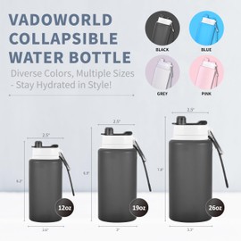 vadoworld Collapsible Water Bottles 19oz with Spout & Carabiner, Odorless BPA-Free Silicone, Leak-Proof Foldable Reusable Bottle - Perfect for Travel Sports Gym Hiking Camping Cycling - Clear Black