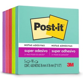 3M Post-it 5PK Notas Adhesivas Super Sticky 3x3, colores varios, 5 blocks con 90 hojas cada block