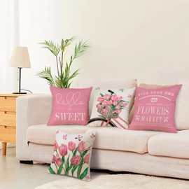 ZWJD Flower Cushion Covers, Spring, 50 x 50 cm, Set of 4, Decorative Cushions, Linen Cushion Covers, Floral, Watercolour Painting Cushion Covers, for Sofa, Living Room, Decorations, Spring