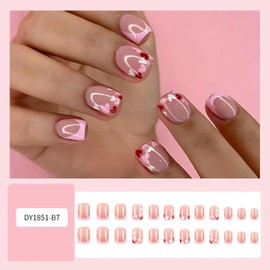 Pink French Tip Press on Nails Short Heart Designs Valentines Fake Nails Glossy Pink Red Small Heart Glue on Nails Square Shape Valentine Press on Nails Short Stick on Nails for Women Girls