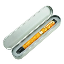 Jinhao 100 Classic Fountain Pen Orange Marble Celluloid, Medium Nib with Converter and Pen Case Set