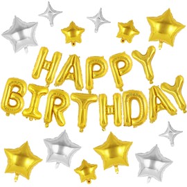 Happy Birthday Banner Balloons Letters Balloons 16 Inch with 12 Pcs Star Foil Balloons Birthday Party Decorations for Women Men Boys Girls (Gold)