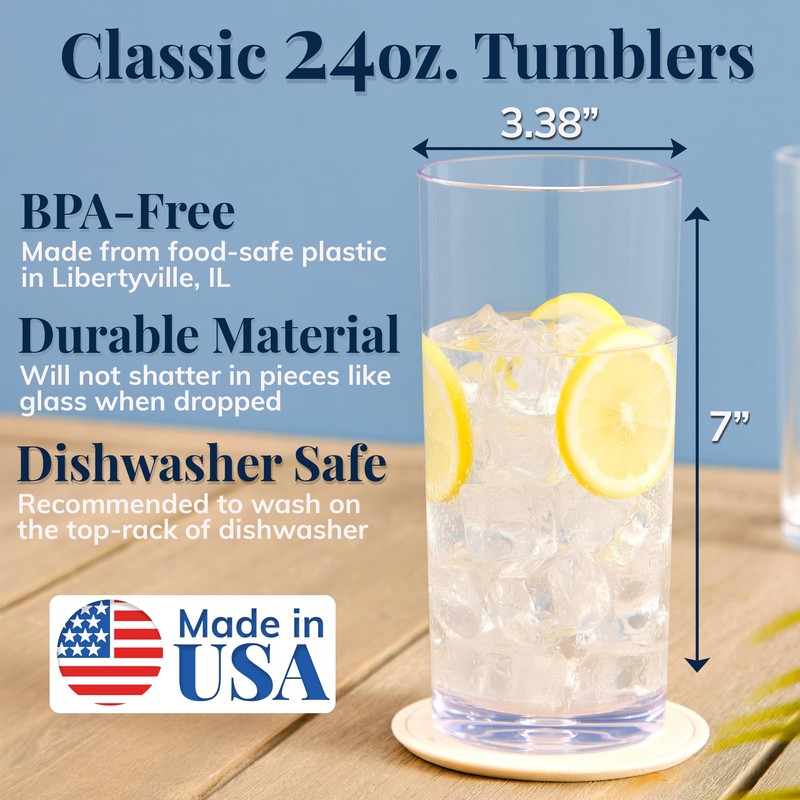 US Acrylic Classic Clear Plastic Reusable Drinking Glasses (Set of