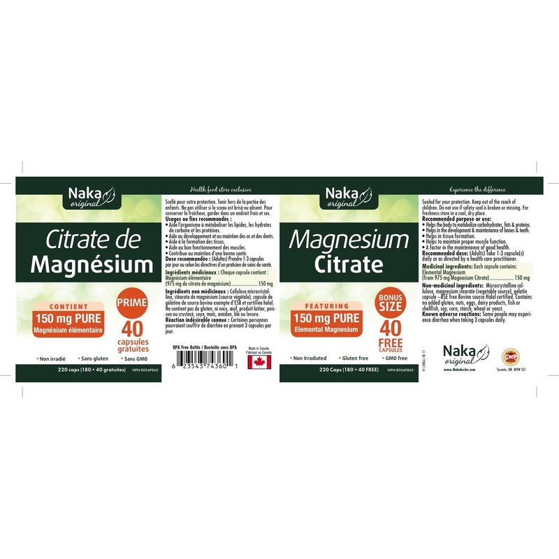 Naka Magnesium Citrate 150 mg - 220 capsules (180 +