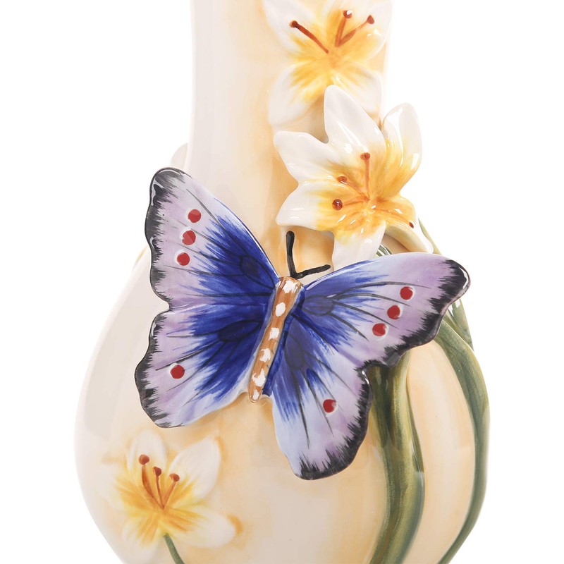 FORLONG Ceramic Soap Dispenser, 3D Hand-Painted Butterfly and Lilies Flower
