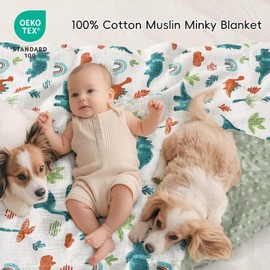 david's kids Muslin Minky Baby Blanket for Boys Girls with Muslin Cotton Front and Dotted Fleece Backing, Breathable and Soft Lightweight Receiving Blanket for Newborns, 40x50 Inches, Dinosaur