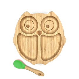 Kleiner Fuchs High-quality bamboo plate with suction cup, non-slip suction cup with matching baby spoon makes meals fun, bamboo tableware set with gift box - learning to eat with owl design