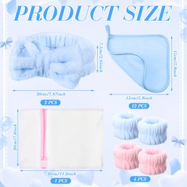 Knitgrip 19 Pieces Makeup Remover Set 2 Spa Headband 4 Wash Wristband 12 Makeup Remover Cloth with Washable Bag 6" x 6" Reusable Makeup Remover Pads for Woman (Pink, Blue)